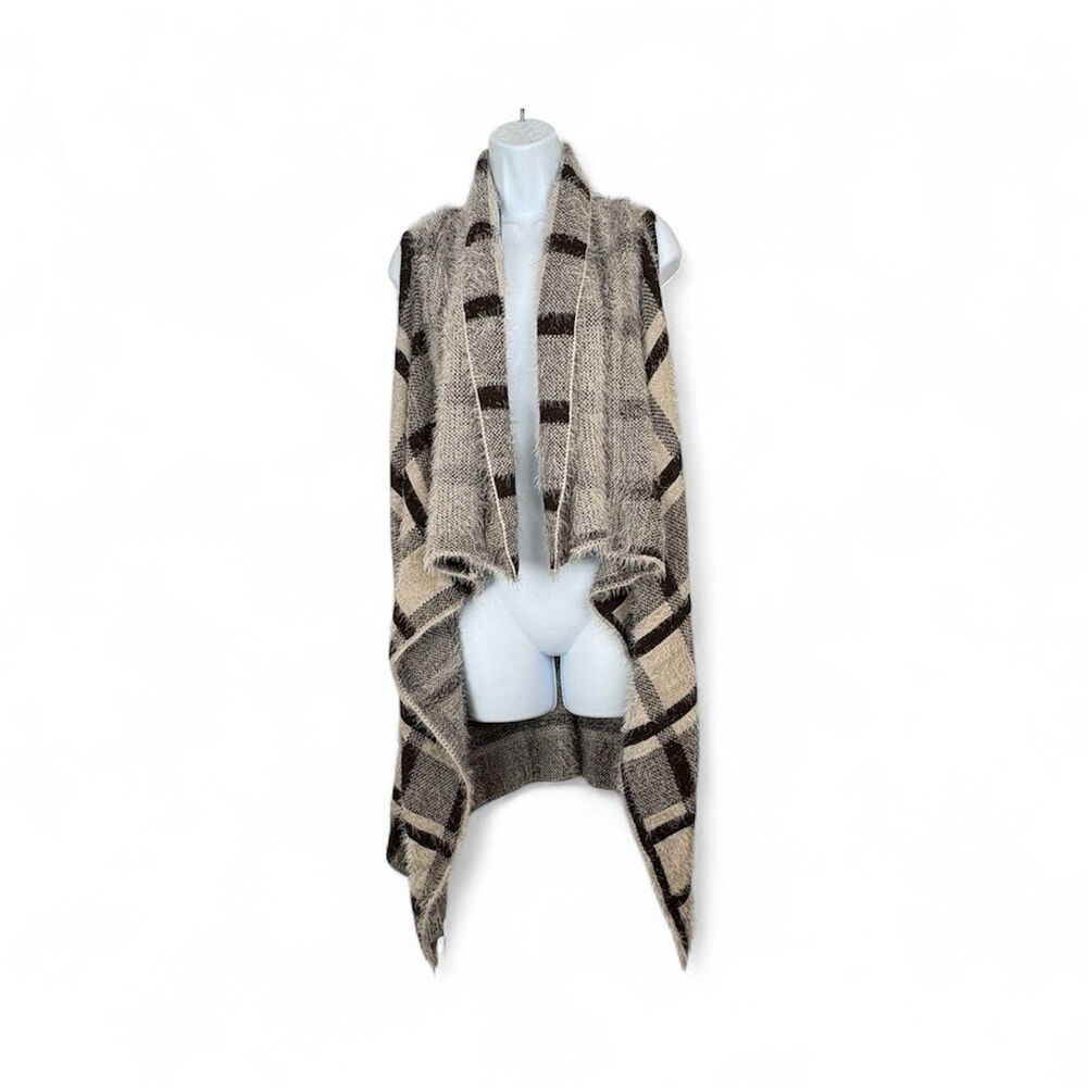 Fashion Apparel Womens Vest Open Front Brown Beige Plaid Acrylic Small Faux Hair